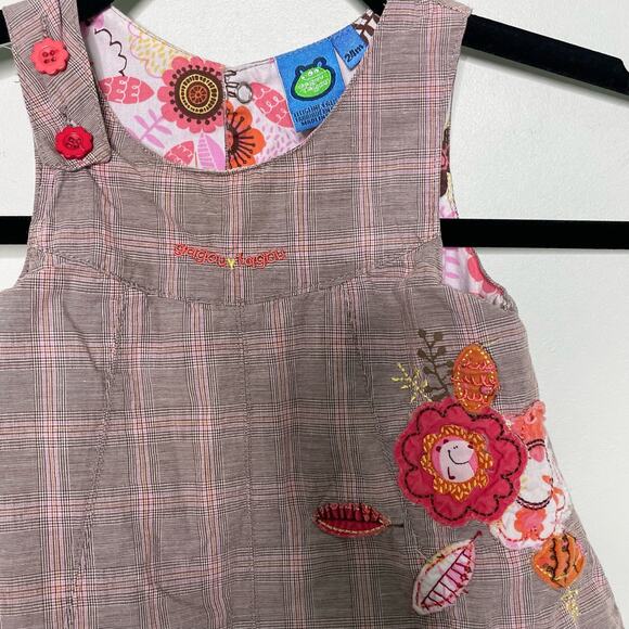 Gagou Tagou‎ Plaid Dress Jumper Sleeveless Embroidered Floral Brown 24M Cottage - Picture 7 of 10